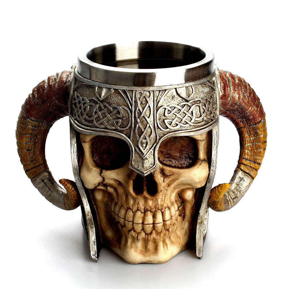 1pc Horn Cup; Skull Cup; Beer Glass; 3D Viking Skull Beer Mug; Coffee Cup; Stainless Steel Viking Drinking Mug With Double Ram Horn