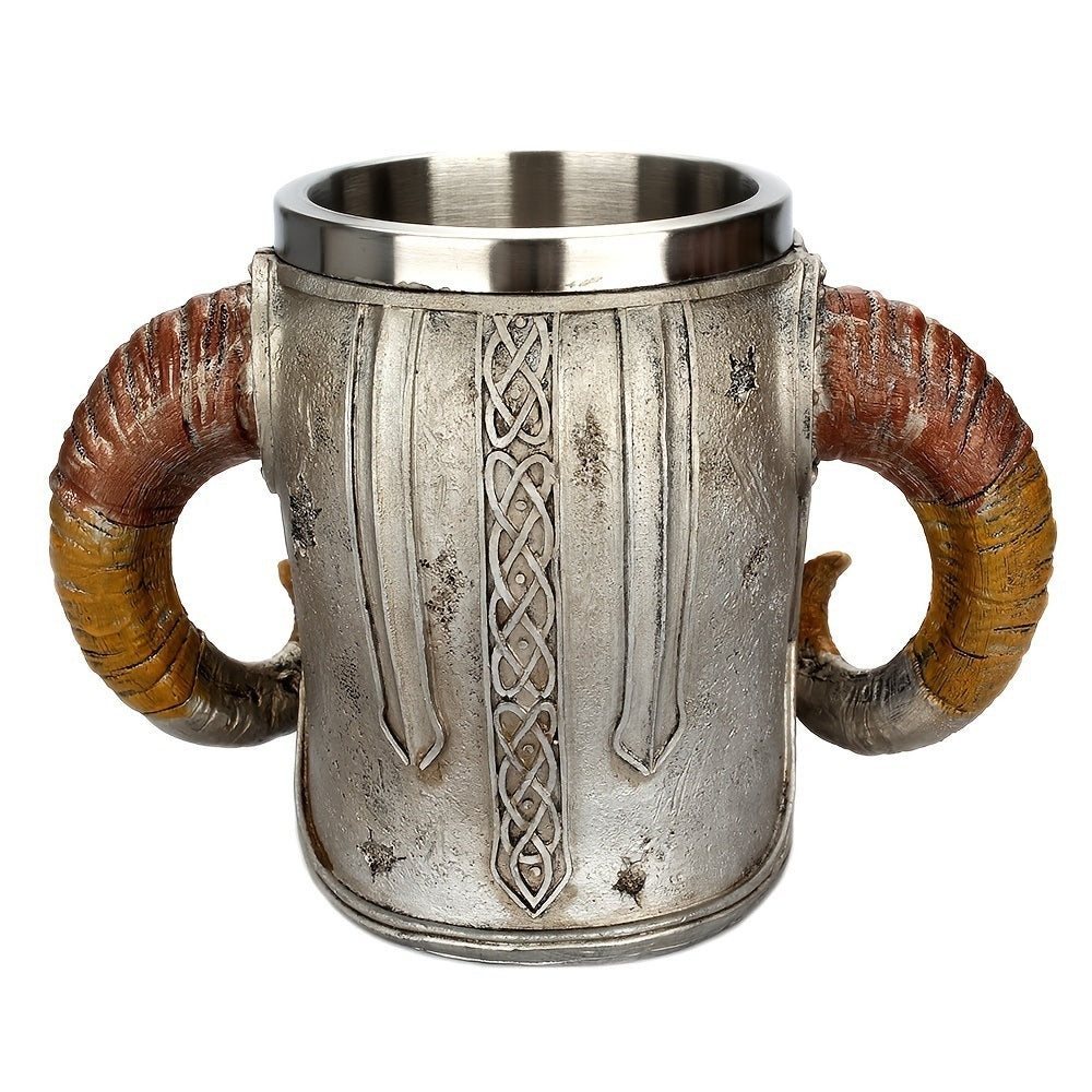 1pc Horn Cup; Skull Cup; Beer Glass; 3D Viking Skull Beer Mug; Coffee Cup; Stainless Steel Viking Drinking Mug With Double Ram Horn